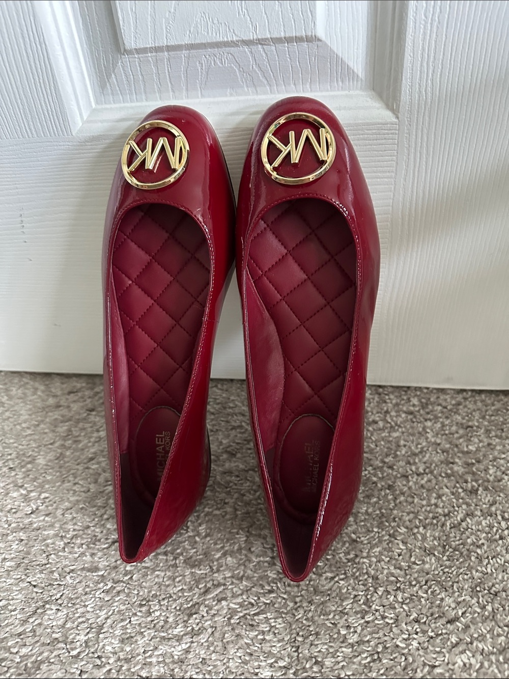 Michael Kors Women's Red Patent Ballet Flats with Gold MK Emblem